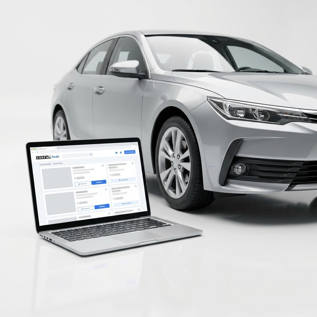 Is Nada better than KBB? Minimal realistic photo of a tidy sedan parked next to a laptop showing a CARFAX Deals listing UI with blue accents on a white background