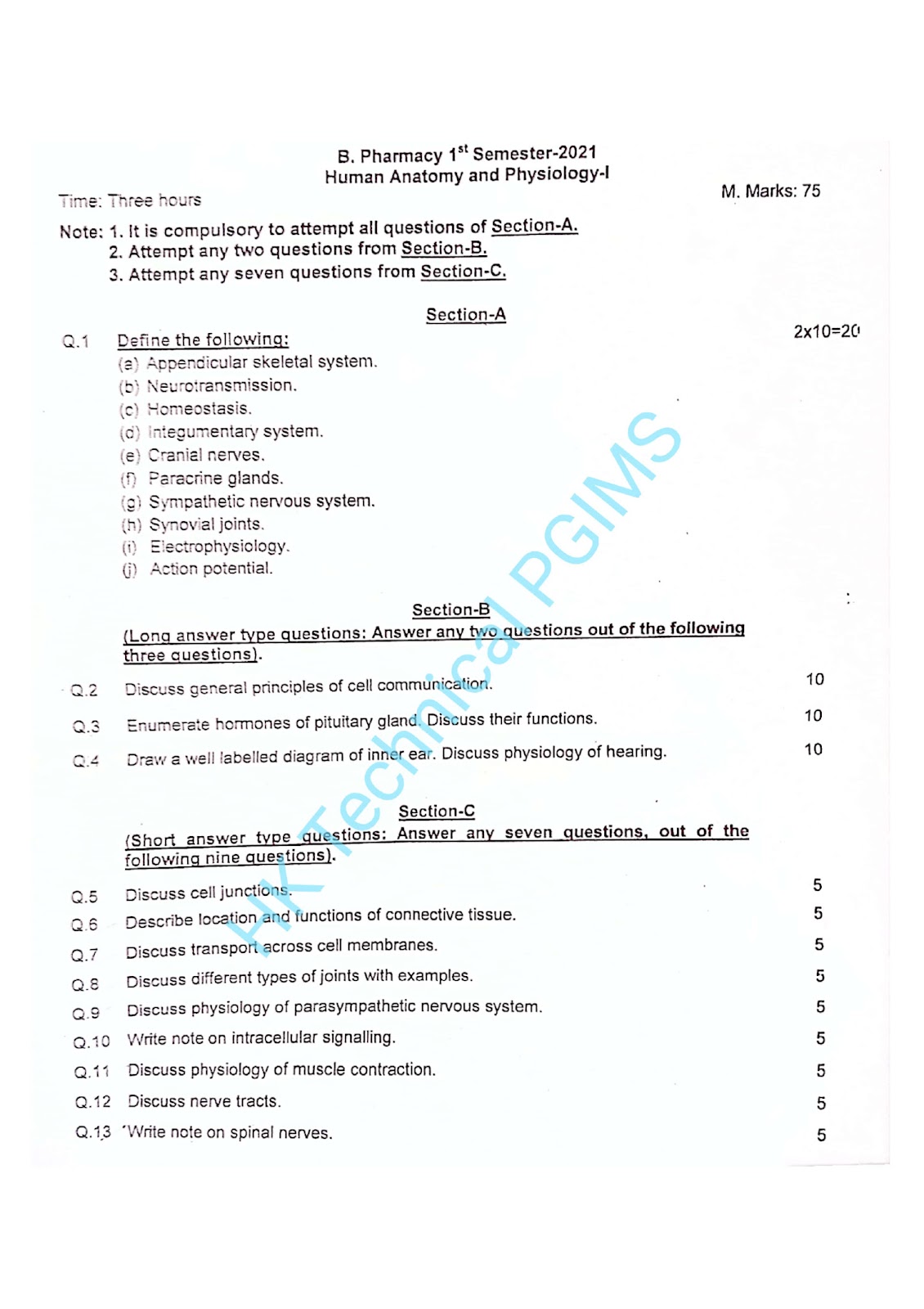 BP101T Human Anatomy and Physiology I 1st Semester B.Pharmacy Previous Year's Question Paper,BP101T Human Anatomy and Physiology I,BPharmacy,Previous Year's Question Papers,BPharm 1st Semester,