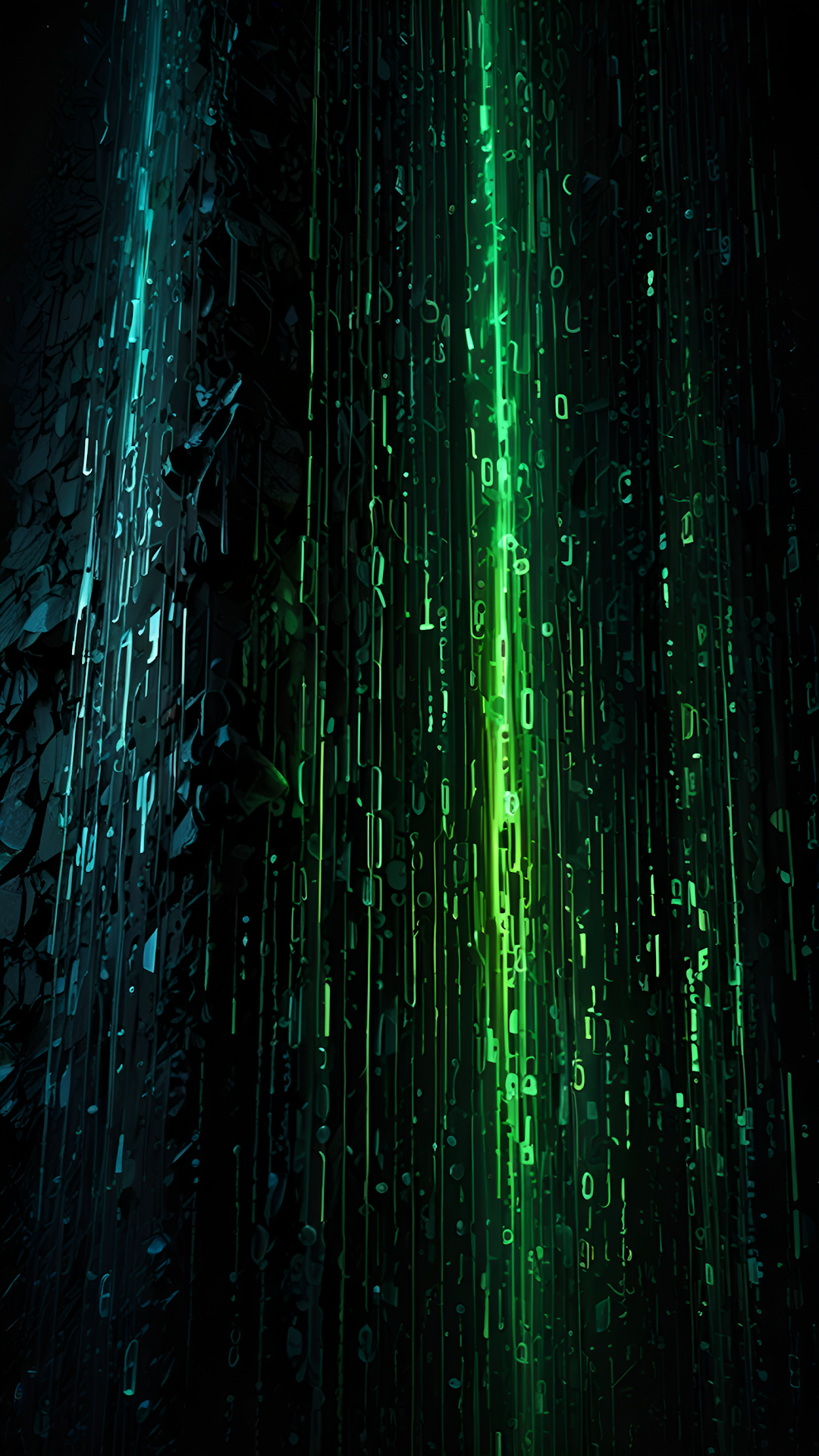 Digital Green Code Rain Flowing in Dark Cyber Space - Free 4K mobile Wallpaper