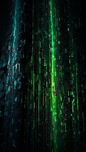 Digital Green Code Rain Flowing in Dark Cyber Space