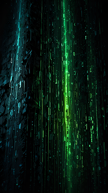 Digital Green Code Rain Flowing in Dark Cyber Space - Free mobile Wallpaper