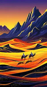 Abstract Desert Caravan Vector Art Sunset Mountain Peaks