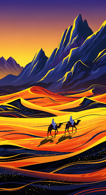 Abstract Desert Caravan Vector Art Sunset Mountain Peaks - Free mobile Wallpaper