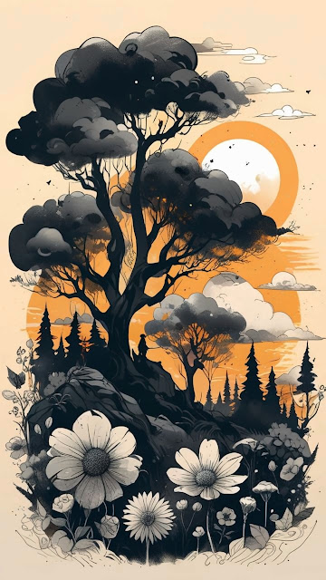 Monochromatic Forest Landscape with Orange Sun and Flowers - Free mobile Wallpaper