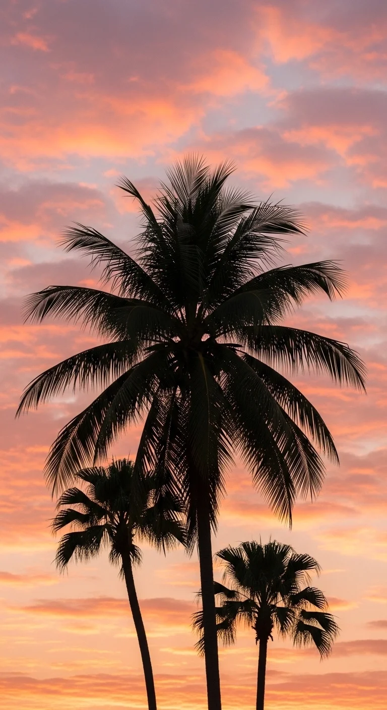 Close-up of Coconut Palm Trees Silhouetted Against a Pastel Pink and Orange Sunset Sky - Free 4K mobile Wallpaper