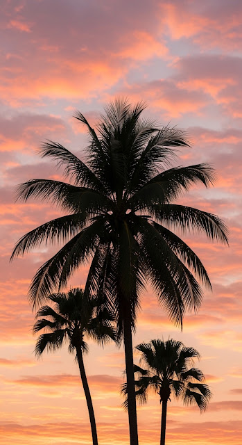 Close-up of Coconut Palm Trees Silhouetted Against a Pastel Pink and Orange Sunset Sky - Free mobile Wallpaper