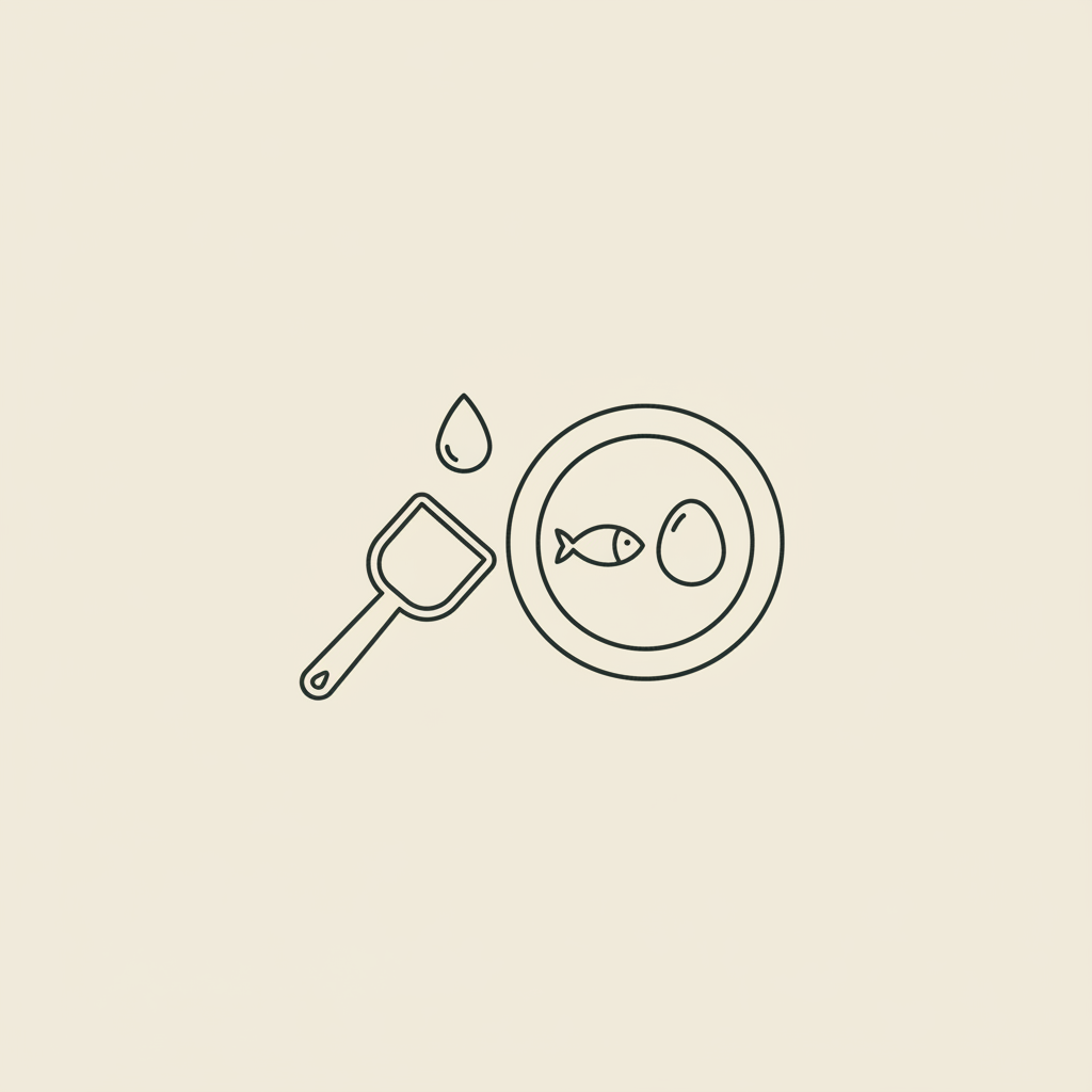 Minimalist line illustration of a protein scoop, milk droplet, and a plate with fish and egg on beige background — how much whey protein to take to lose weight
