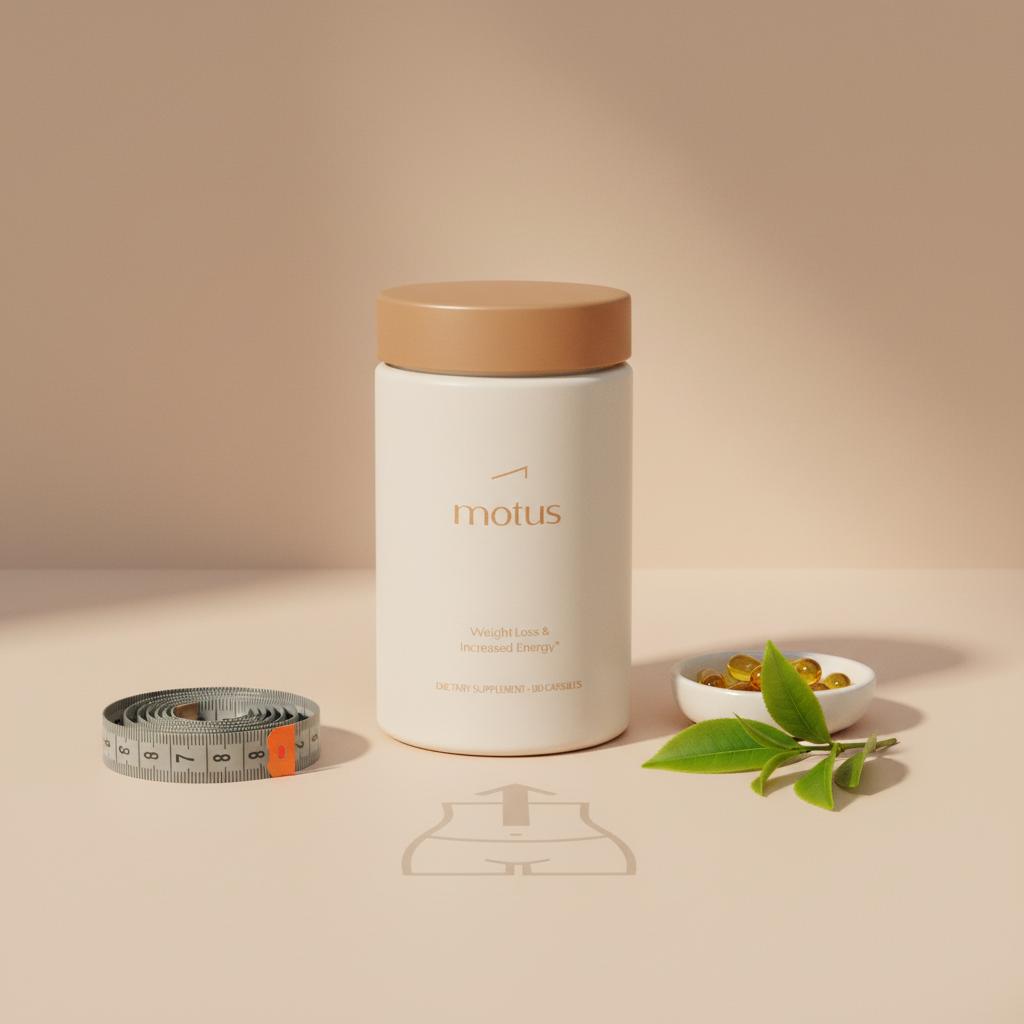 Motus supplement bottle on beige countertop with measuring tape, green tea leaves and berberine capsules in a minimal clinical composition showcasing detox pills.