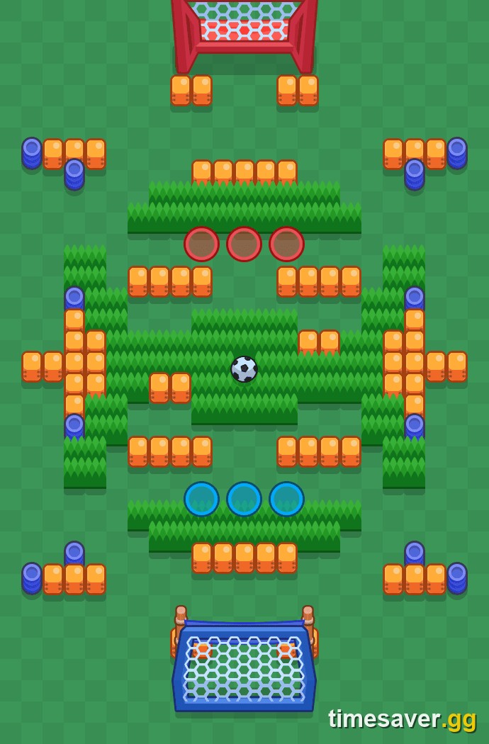 Sneaky Fields Brawl Ball map top-down view with heavy midfield bushes and both goals