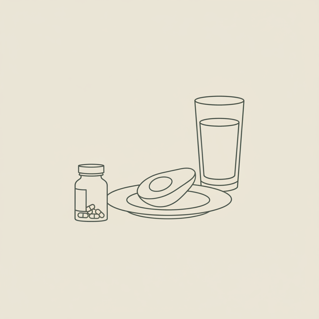 Minimal Tonum-style vector line illustration of a plate with half avocado, water glass and small capsule bottle on beige background — integrative nutrition coach cost