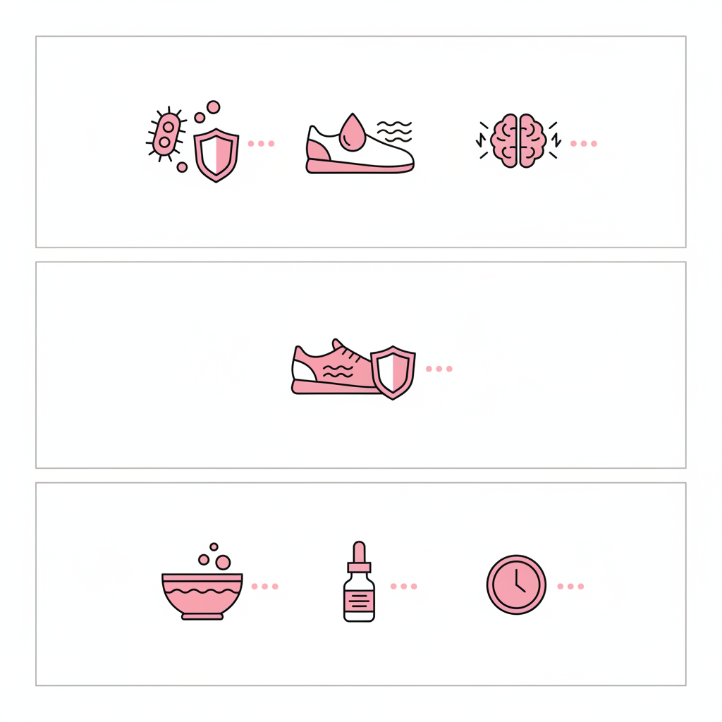 Minimalistische 2D‑Vektorinfografik mit drei horizontalen Abschnitten: Ursachen, Prävention, Sofortmaßnahmen dargestellt durch Icons (Immunsystem, Feuchtigkeit/Schuhe, Stress). Kann Stress Fußpilz auslösen?