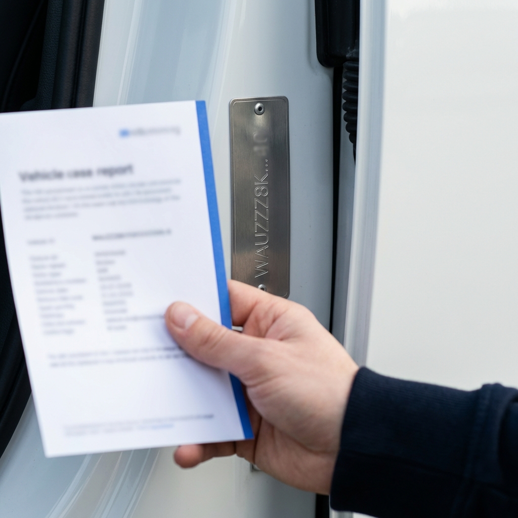 Close up of an Audi A4 VIN plate with a hand holding a blurred vehicle history report on a white background suitable for audi a4 for sale listing