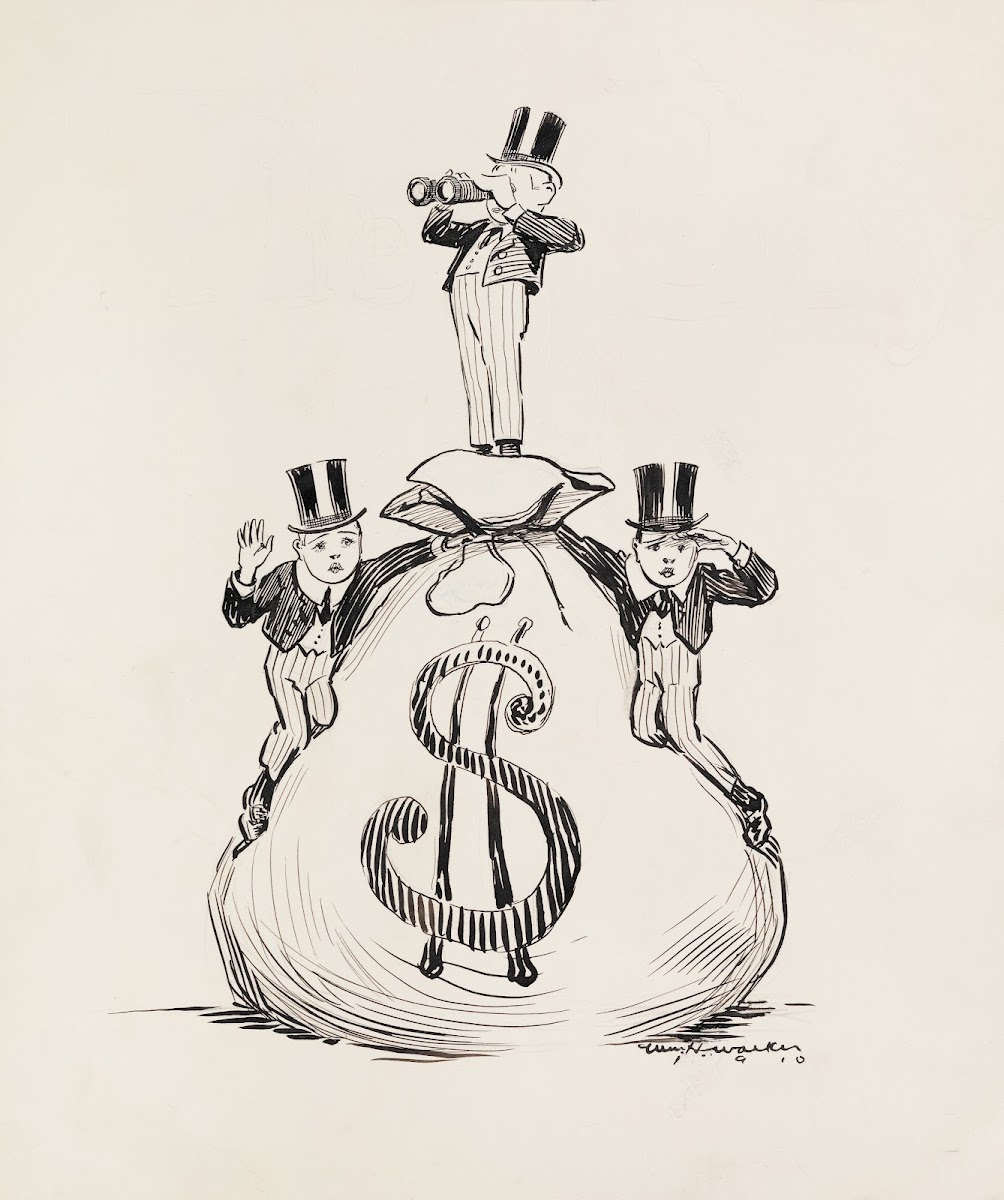 Three young men in top hats stand on top of a large bag of money looking for som