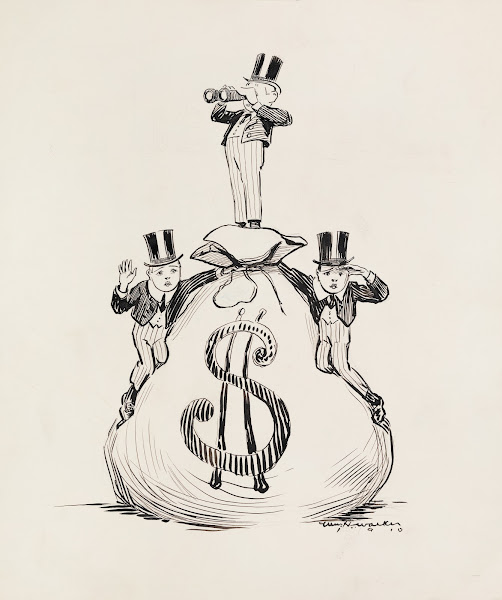 Three young men in top hats stand on top of a large bag of money looking for som