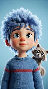Cute 3D Boy with Spiky Blue Hair and Raccoon Friend
