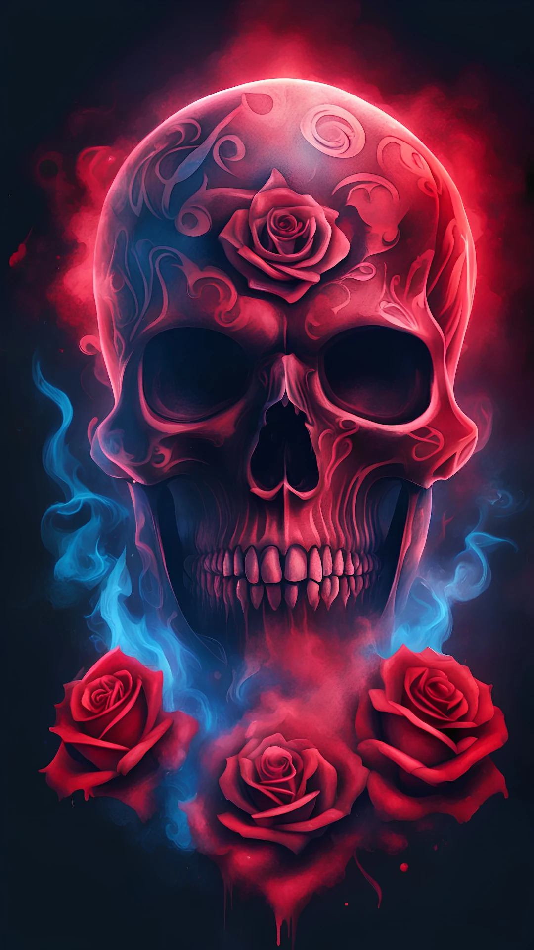 Crimson Skull and Roses with Neon Smoke - Free 4K mobile Wallpaper