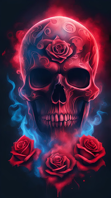 Crimson Skull and Roses with Neon Smoke - Free mobile Wallpaper
