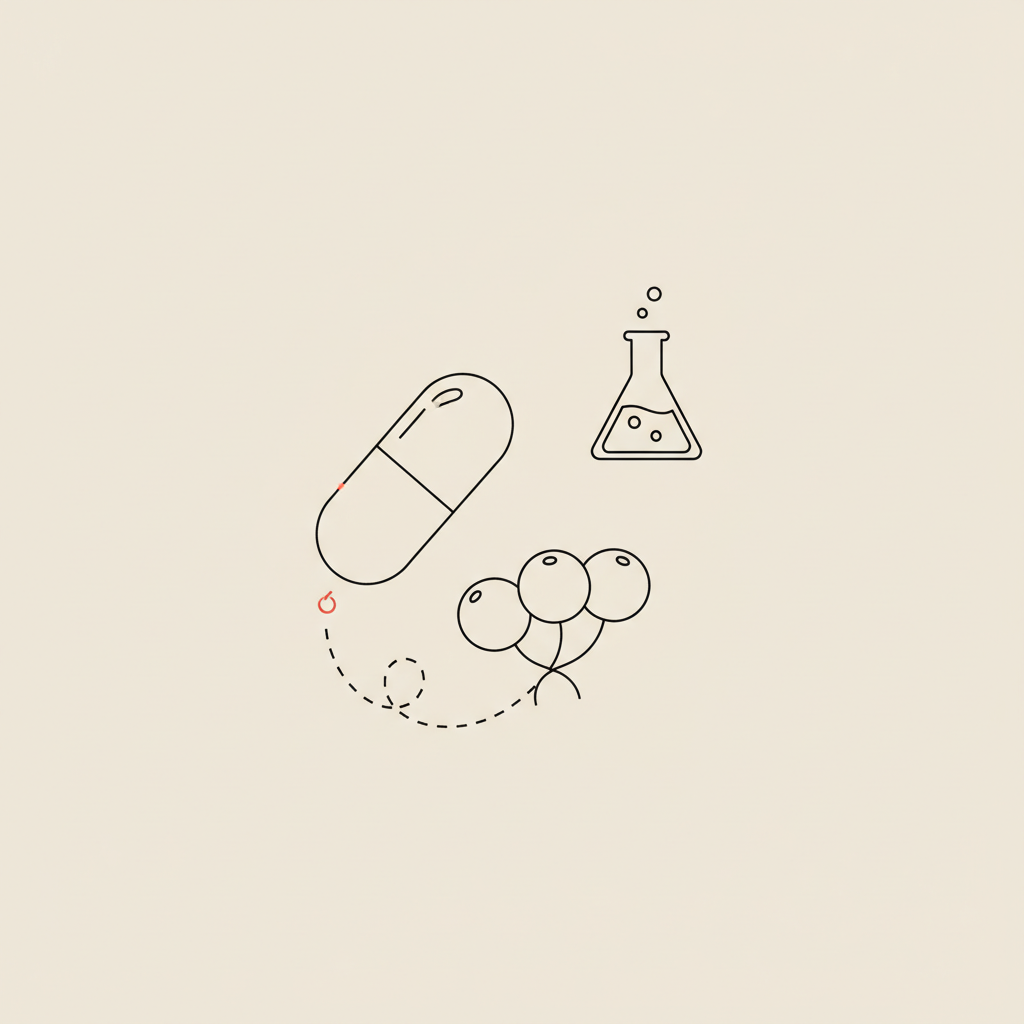 Minimal Tonum-style vector line illustration of a capsule, berry cluster, and lab beaker representing the most effective weight loss supplement on a beige background