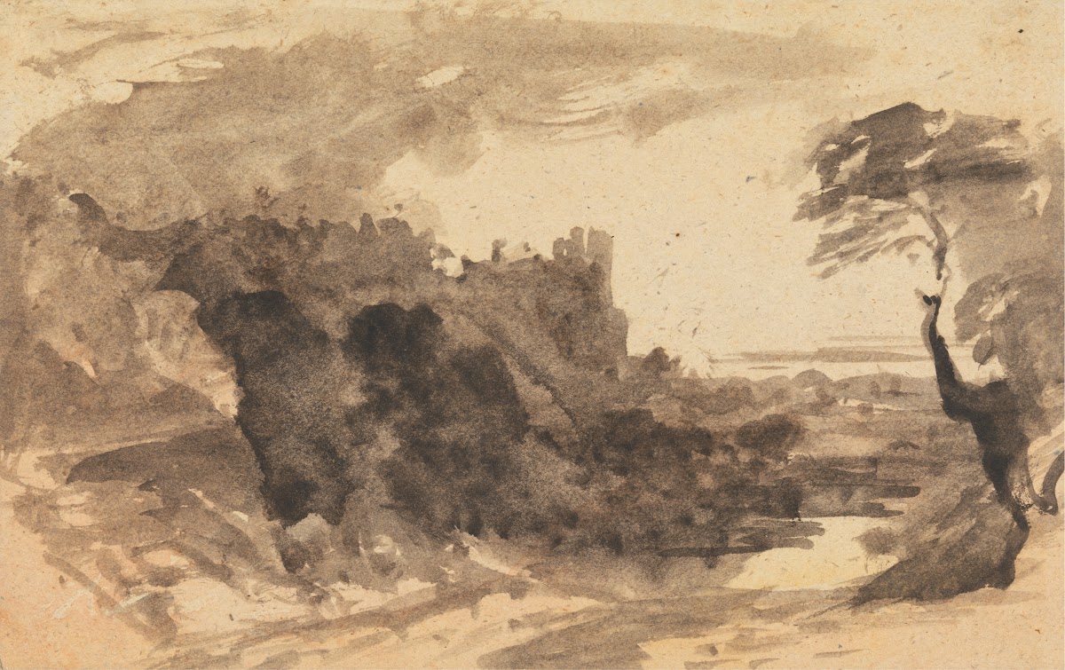 Romatic Landscape with a Castle and a Tree on the Right