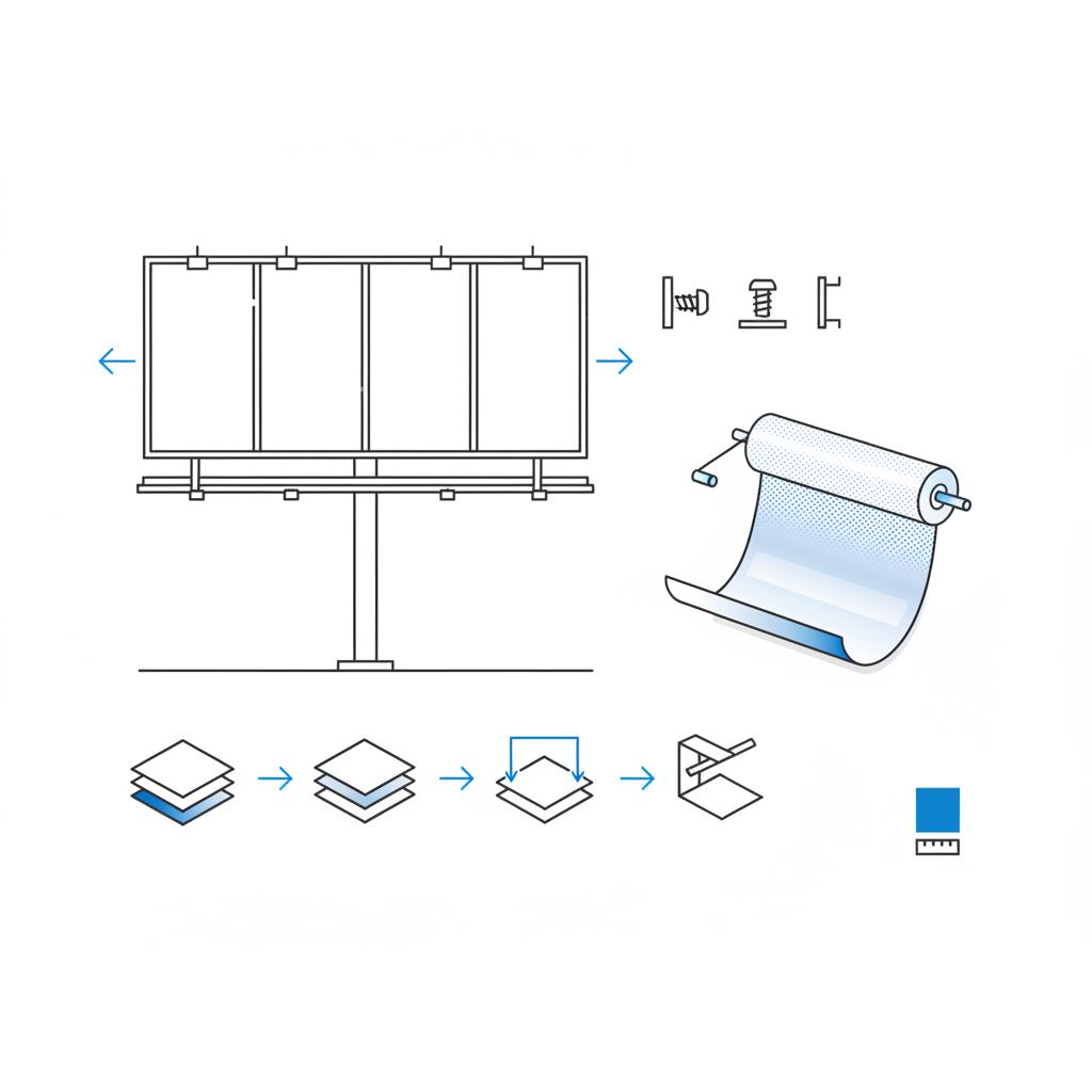 Notebook-style 2D vector sketch of a billboard frame, mounting details and a printing roll with vinyl texture and a #1a5bfb color swatch illustrating billboard advertising cost