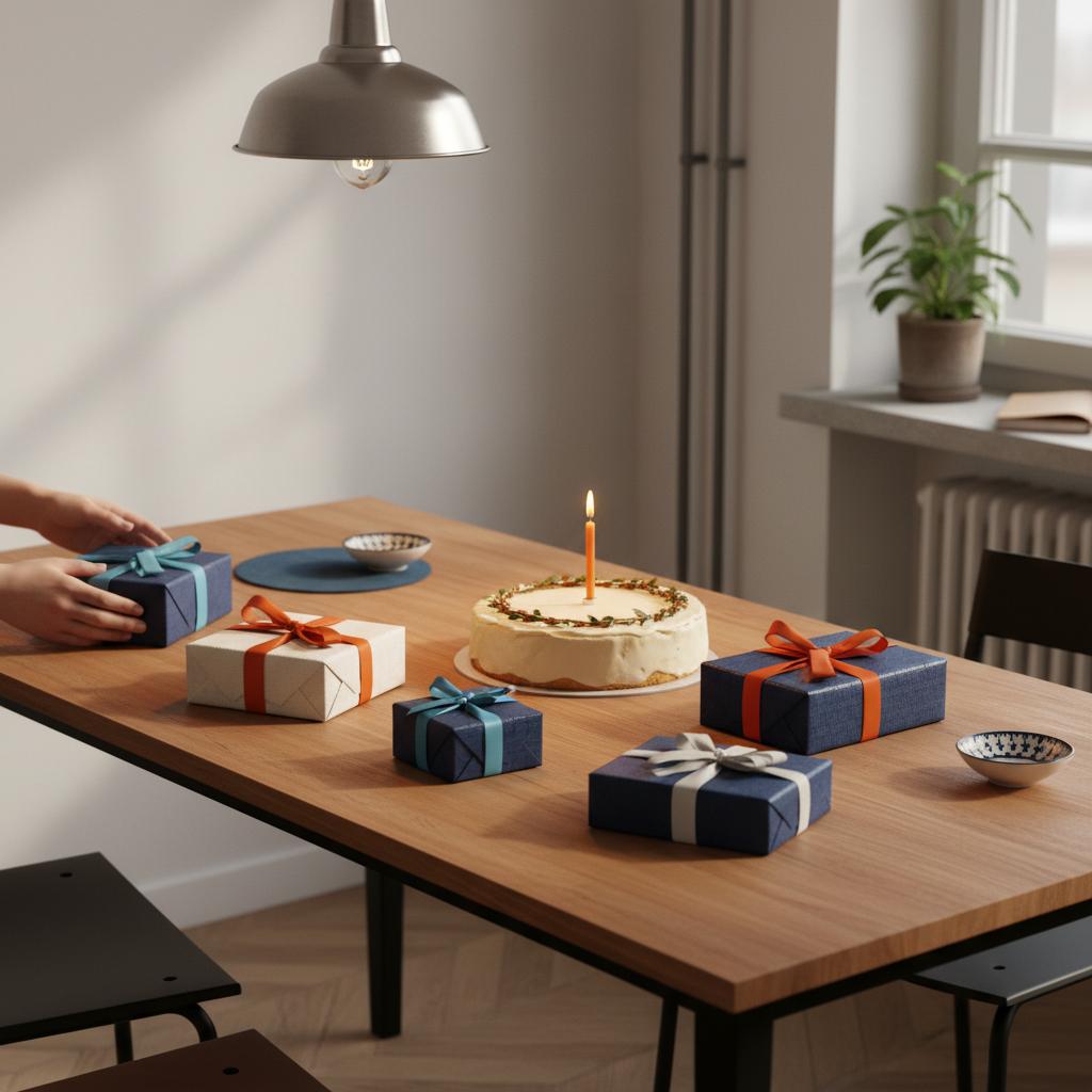 Realistische Esstischszene mit kleinen Geschenken und Vanilletorte, warmes Licht, Holz- und Metalldetails — Geschenke für Babys 3 Monate