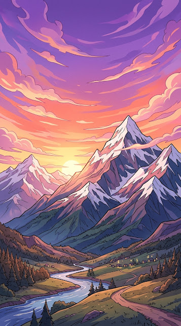 Stylized Mountain Range Under Vibrant Sunset Sky - Free mobile Wallpaper