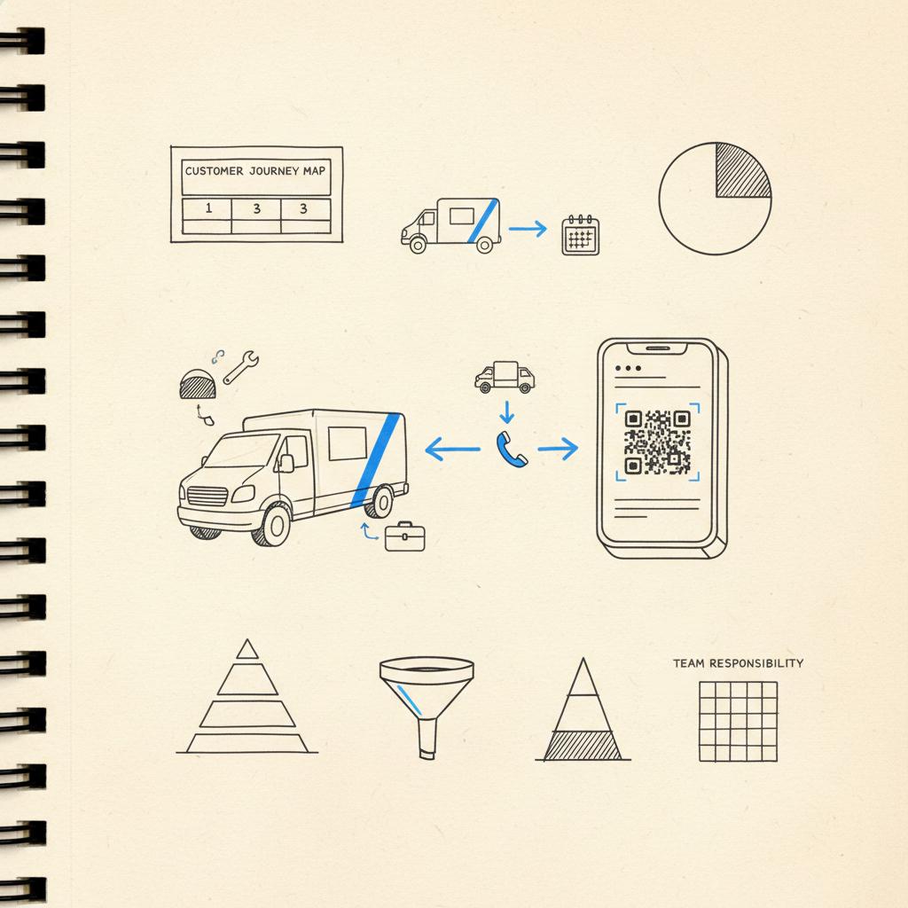 Close-up notebook sketch showing a branded service truck, QR-code landing-page wireframe, and icon flow (truck → phone → booking) in a clean parchment notebook style for marketing for plumbers.