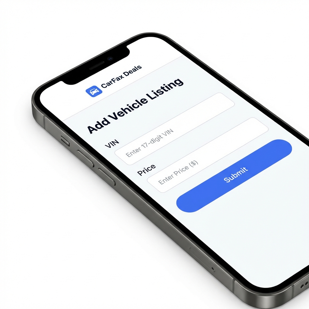 Close up smartphone listing page showing VIN and price fields on CarFax Deals interface with white background and blue accents toyota rav 4 for sale near me