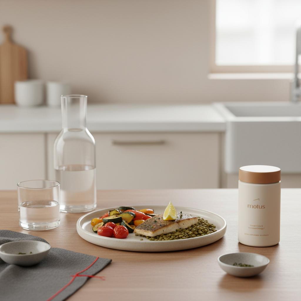Minimal kitchen table with Mediterranean plate, water carafe and Motus supplement bottle from reference image for fatty liver weight loss in Tonum brand aesthetic.