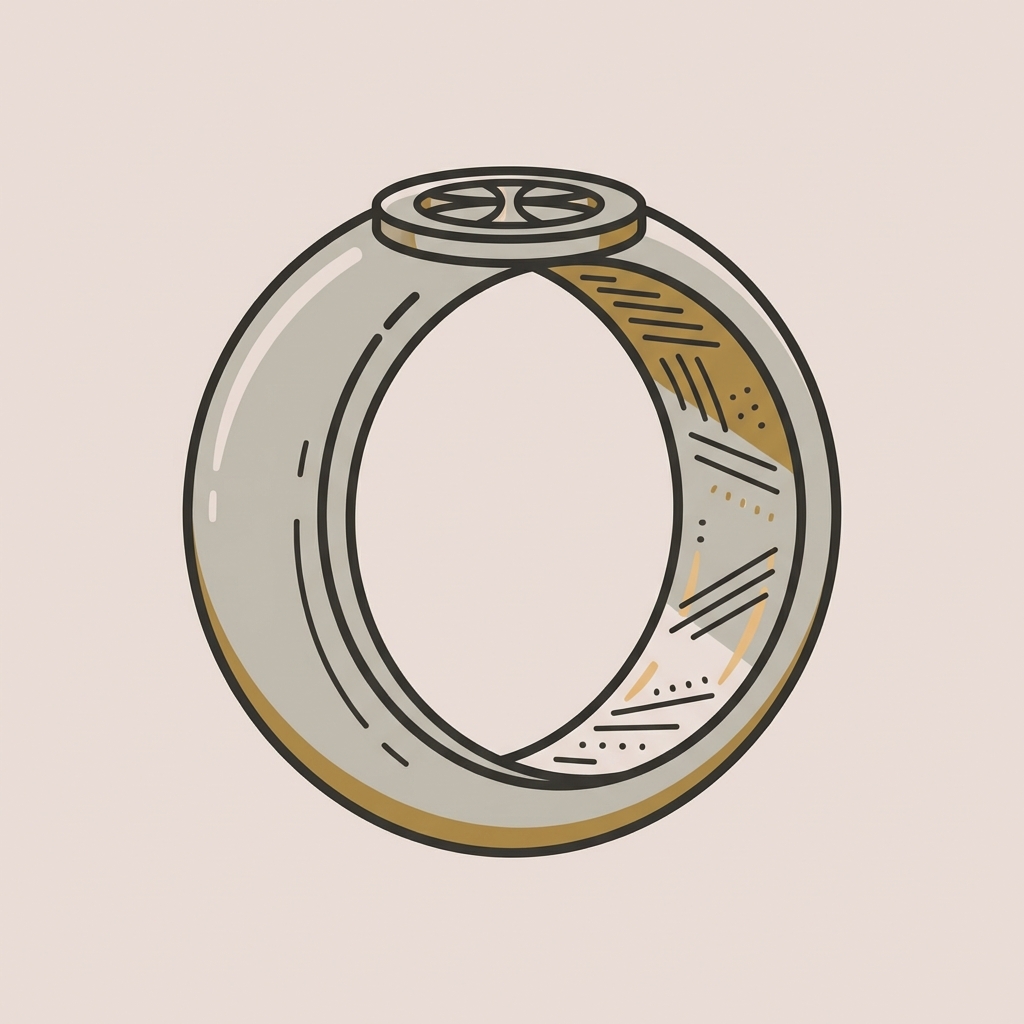 Minimalist 2D vector side view of an ancient byzantine ring showing hoop thickness and interior maker marks on a neutral ede7da background