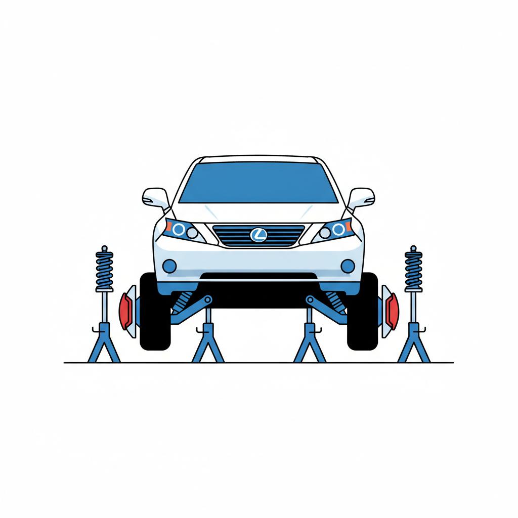 Minimalist 2D vector of a lifted Lexus RX350 undercarriage showing suspension components in a clean well lit shop emphasizing lexus rx 350 price