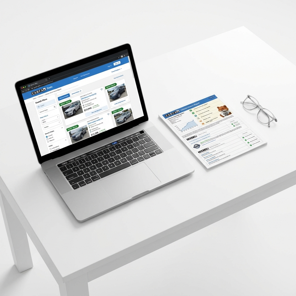High angle shot of laptop showing a CARFAX Deals listing beside a printed vehicle history report and glasses on a white table best place to buy a used car