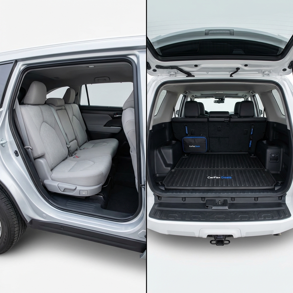 Side by side interior comparison of Toyota Highlander third row legroom and Toyota 4Runner cargo area with durable liner ideal for buyers used 4runner for sale
