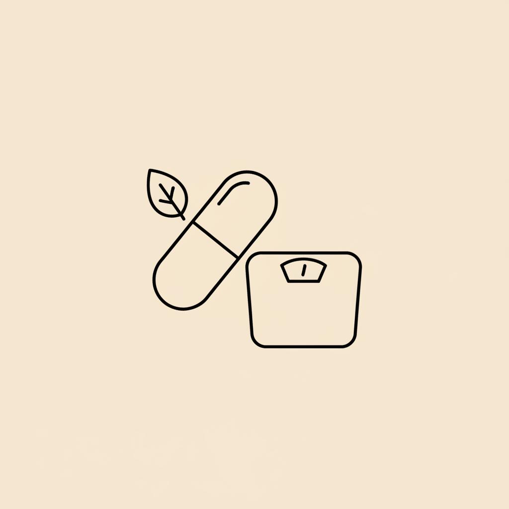 Minimal Tonum-style vector line illustration of a capsule, small leaf, and scale on a beige background symbolizing weight and metabolic health — miracle pill for diabetes