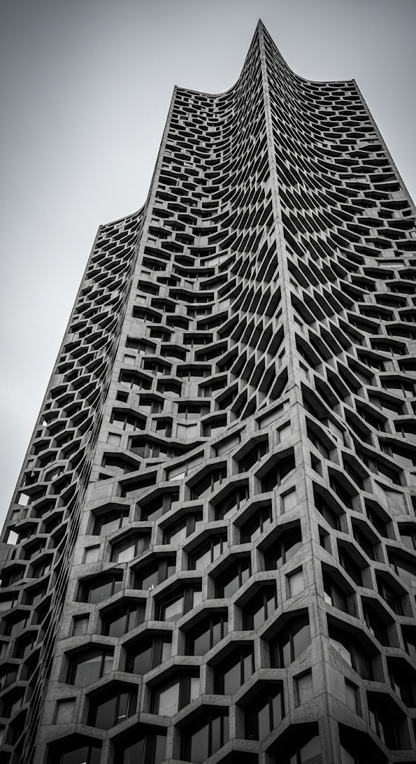 Monochromatic Low Angle of Brutalist Architecture with Repetitive Concrete Facade