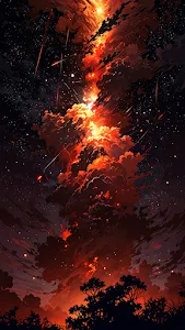 Cosmic Inferno and Meteor Shower Over Forest Silhouette