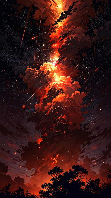 Cosmic Inferno and Meteor Shower Over Forest Silhouette - Free mobile Wallpaper