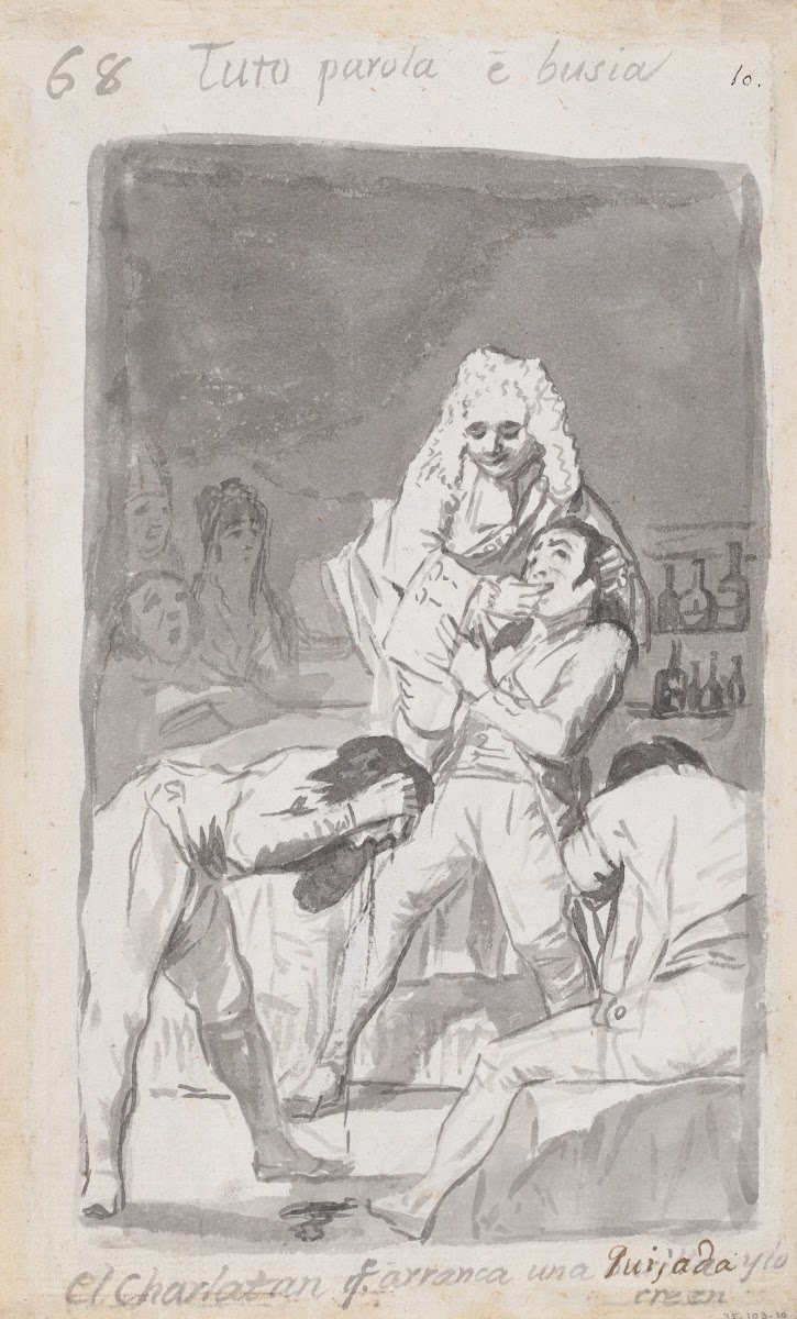 A charlatan extracting a tooth from a patients mouth figure in the foreground vo