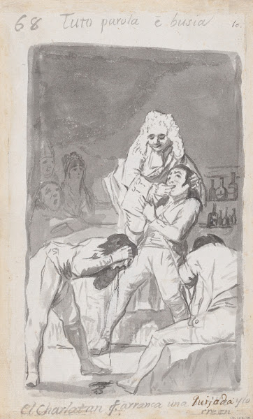 A charlatan extracting a tooth from a patients mouth figure in the foreground vo