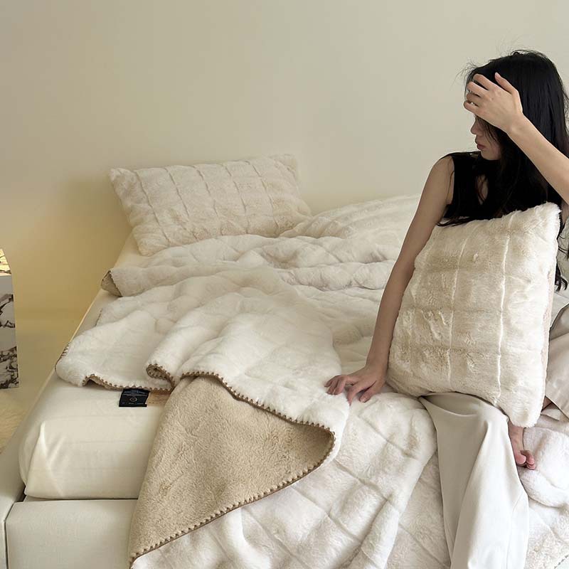 Scandinavian Faux Fur Throw Blanket with Check Pattern