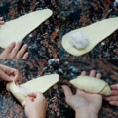 Chia bột thành các phần bằng nhau, mỗi phần khoảng 50g bột. Sau đó trải bột ra mặt phẳng và cho nhân dừa cuộn theo hình.