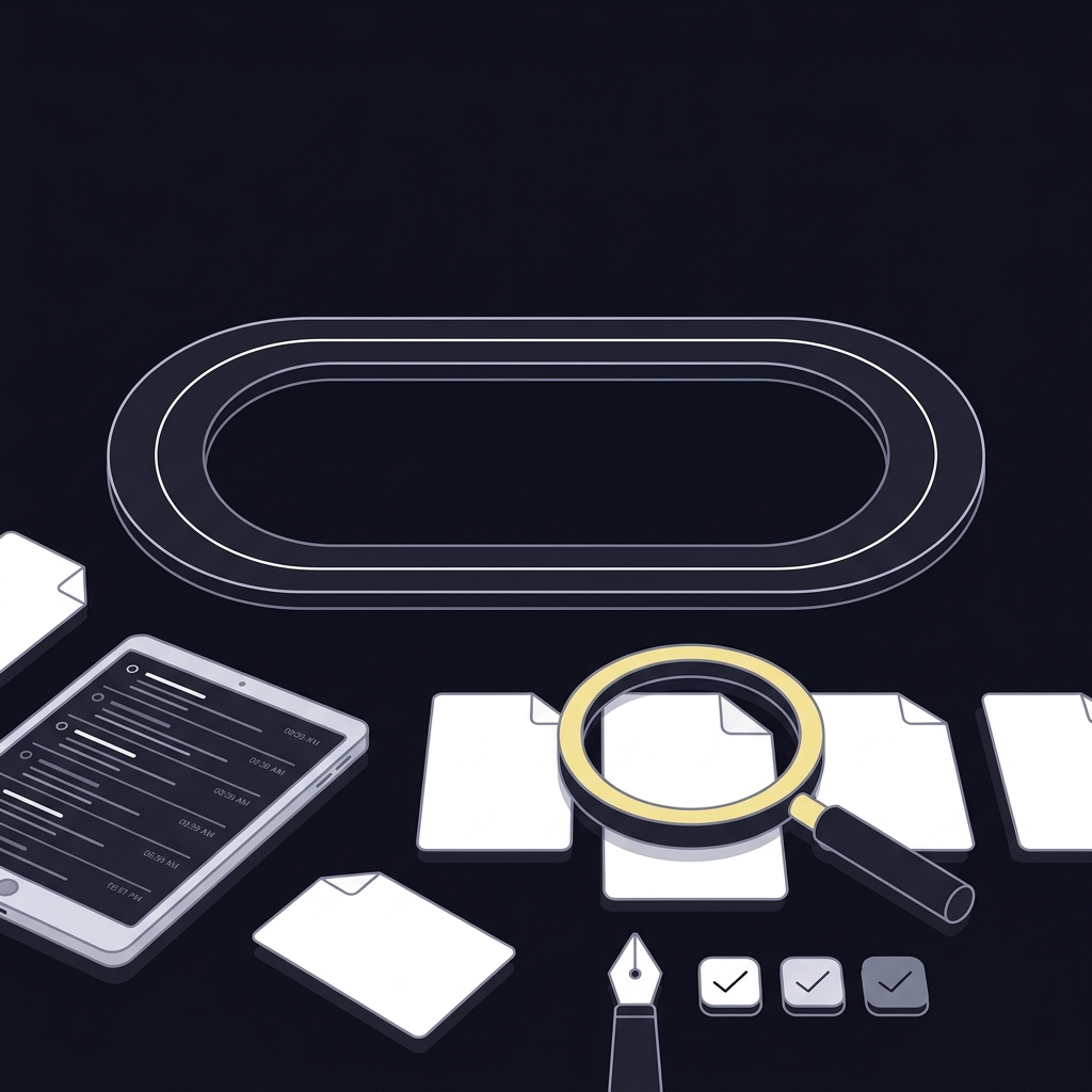 Minimal vector illustration of consent letters and a tablet showing digital logs with a racetrack in the background for horse racing wagering compliance