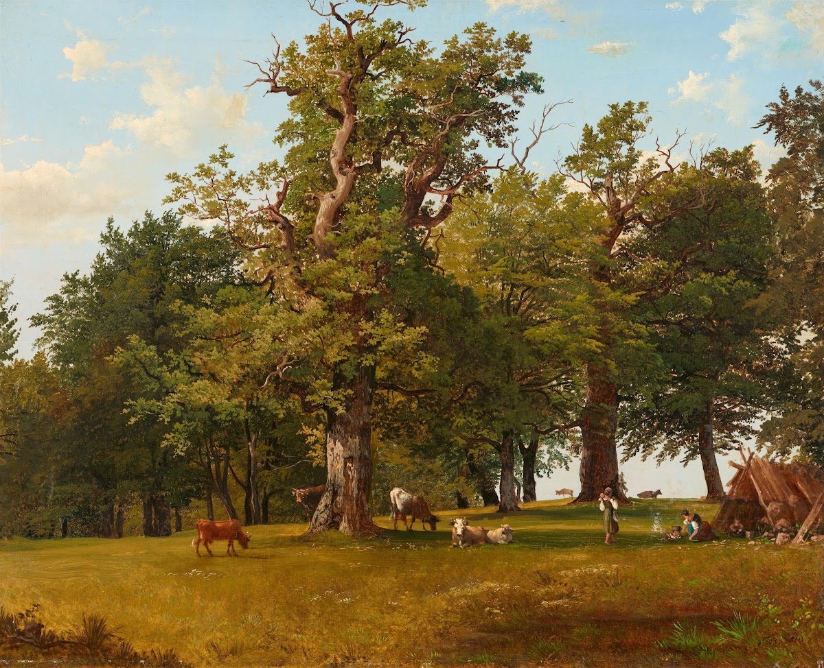 Waldlandschaft mit Hirten und Kühen