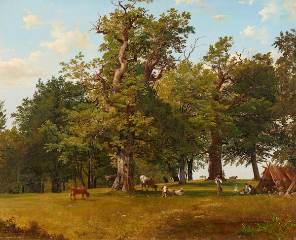 Waldlandschaft mit Hirten und Kühen