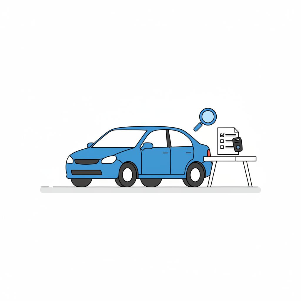 Minimalist vector illustration of a used car in a driveway with paperwork keys and inspection icon highlighting online car buying documentation and inspection