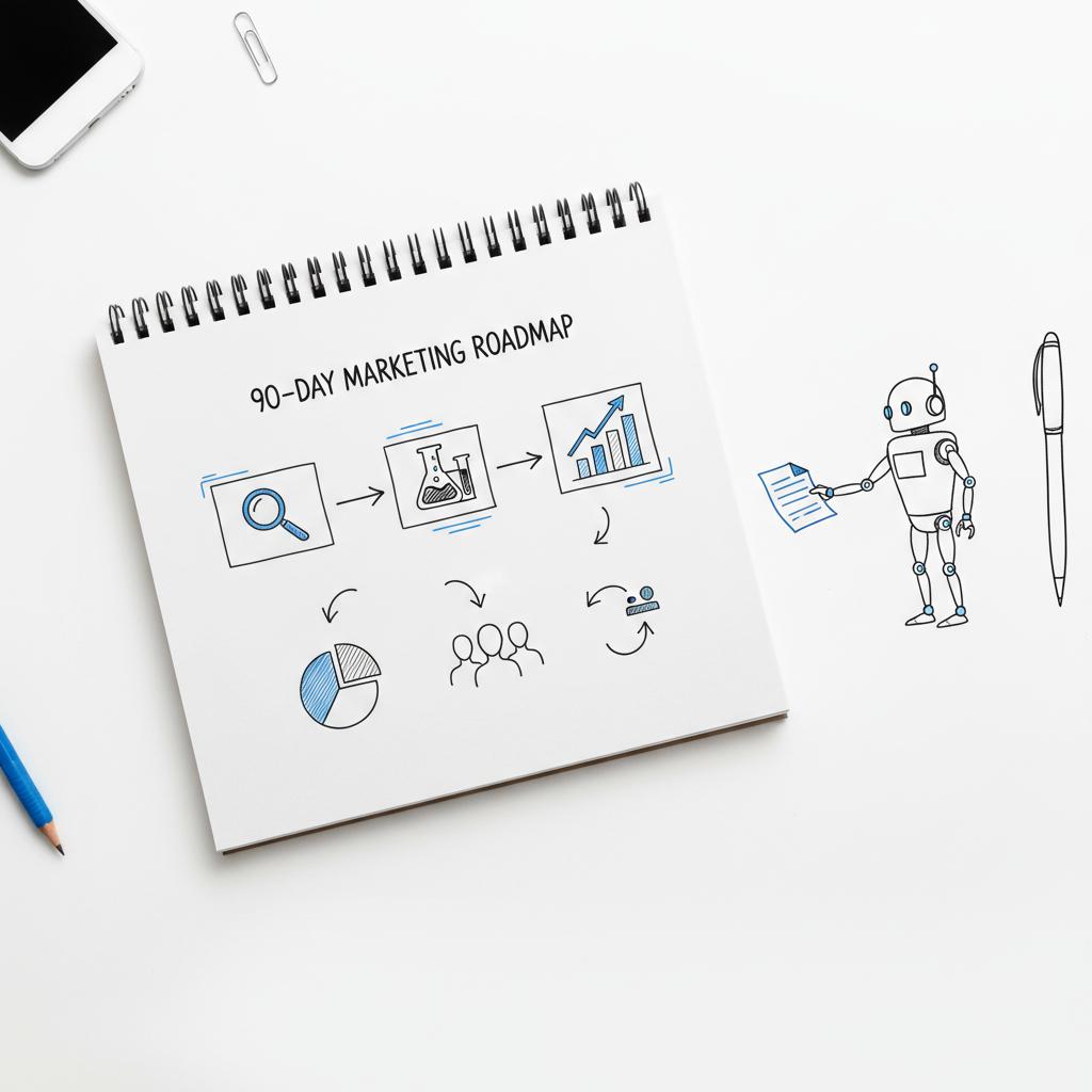 Top-down notebook sketch of a 90-day roadmap with audit, experiment, scale icons and a small robot handing a draft to a pen outline &mdash; Is PR going to be replaced by AI?