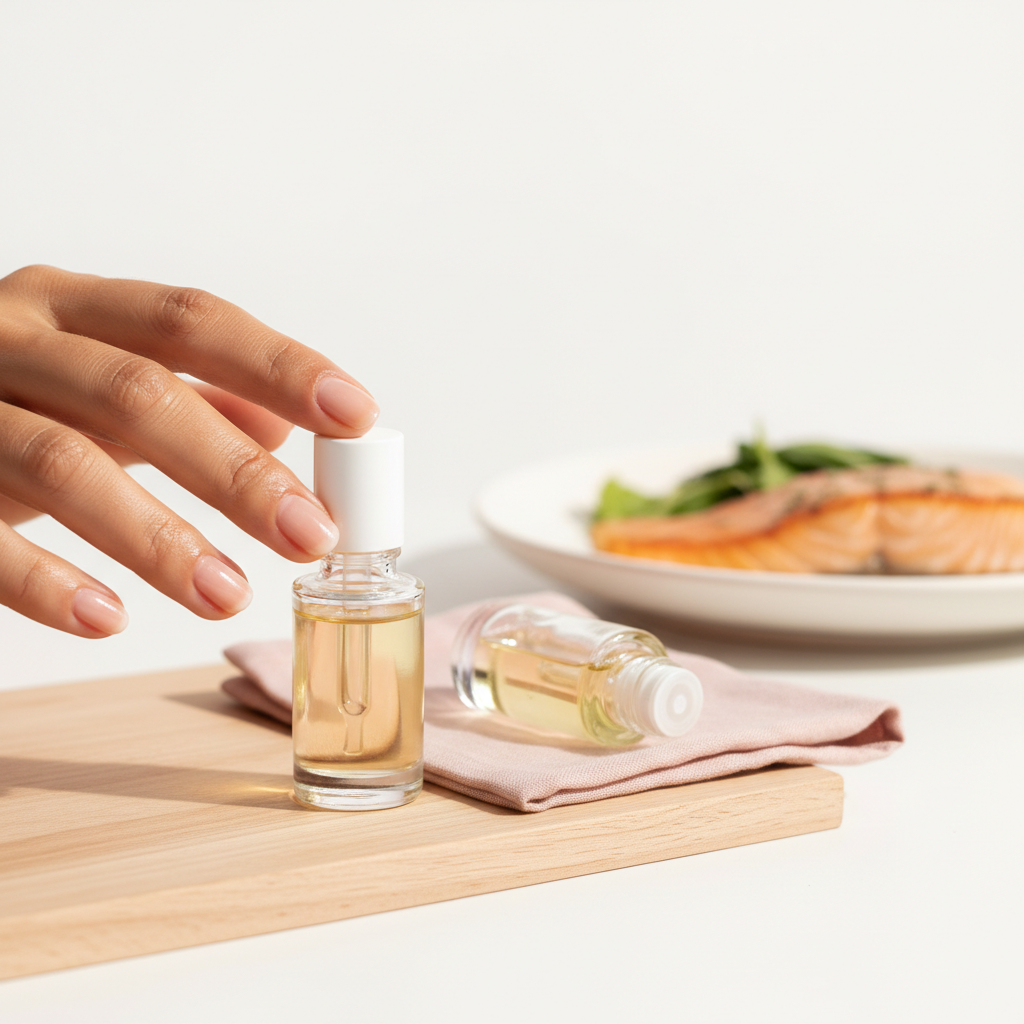 Was essen um Fingernägel zu stärken: Nahaufnahme einer Hand, die Nagelöl in die Nagelhaut einmassiert; im unscharfen Hintergrund Teller mit Lachs und Salat vor weißem Hintergrund.