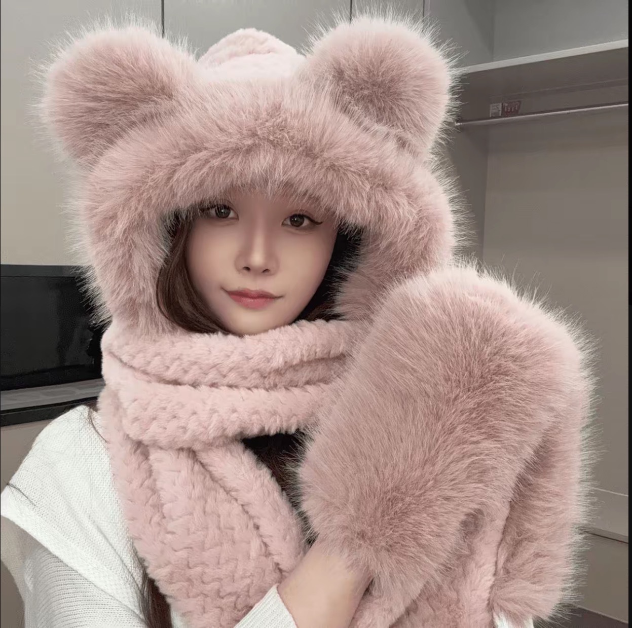 3-in-1 Set: Beanie, Scarf, and Gloves, Plush