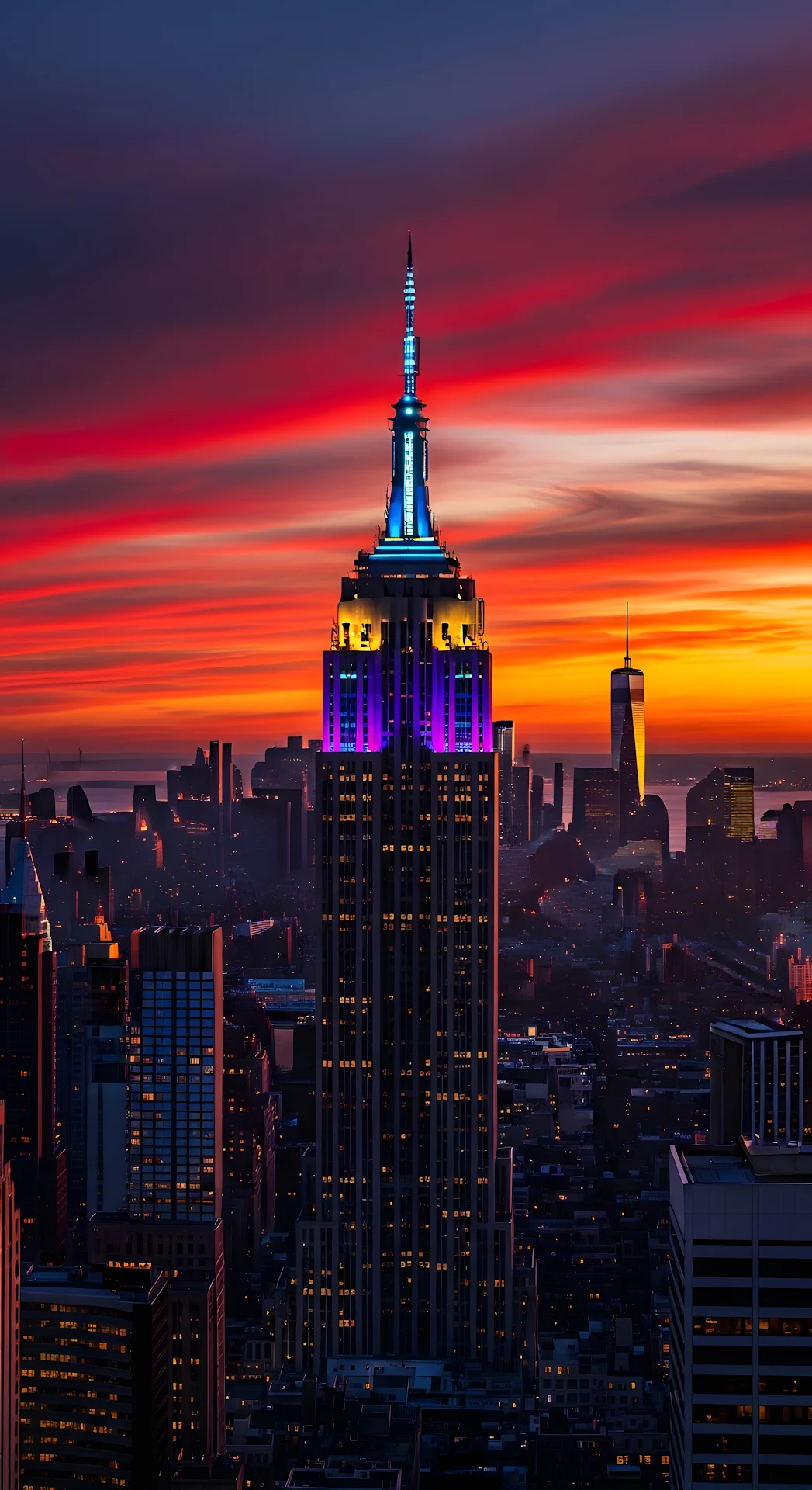 Empire State Building with Intense Red and Orange Sunset Sky - Free 4K mobile Wallpaper
