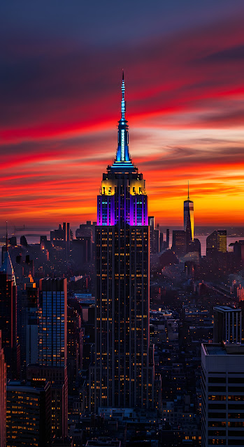Empire State Building with Intense Red and Orange Sunset Sky - Free mobile Wallpaper